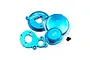 Blue anodized aluminium gear cover and motor mount set by Yeah Racing for RC cars, including two small black screws.