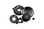 A set of black anodized aluminium RC car parts including a gear cover, motor mount plate, and small screws on a white background.
