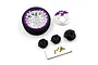 A Yeah Racing purple aluminium transmitter steering wheel set including a wheel, brake disc, adapters, screws, and an Allen key.