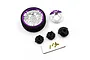 A Yeah Racing purple aluminium transmitter steering wheel set including a wheel, brake disc, adapters, screws, and an L-wrench on a white background.
