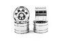 A set of four silver aluminium 8-spoke RC car rims arranged in a stack against a white background.