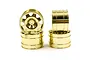 Four gold-coloured 8-spoke aluminium RC rims stacked and arranged on a white background.