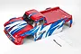 A pre-painted red, white, and blue ARRMA Infraction 1/8 scale RC truck body shell with included clear rear wing and mounting hardware on a white background.