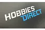 A Hobbies Direct bumper sticker featuring white and blue text on a black background.