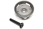 A silver metal ring gear and a black metal pinion gear for an RC car differential.