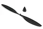 A black two-blade RC airplane propeller and a matching black plastic spinner cone isolated on a white background.