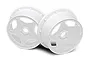 Two white HPI Racing Super Star front rims for the Baja 5B RC buggy, shown from a front-facing angle against a white background.