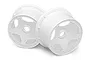 Two white HPI Baja 5B rear Super Star rims shown from a side angle against a white background.