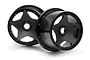 Two black HPI Racing Super Star rear rims for the Baja 5B RC buggy, shown from a front-facing angle on a white background.
