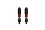 Two ARRMA RC shock absorbers with red aluminium bodies and black plastic caps and ends, shown against a white background.