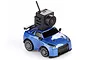 A small blue FMS 1/64 scale RC car with a black FPV camera mounted on its roof against a white background.