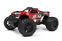 Maverick Atom 1/18 scale RC monster truck in red and black, featuring aggressive off-road tires and a detailed body shell.