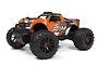 Maverick Atom 1/18 scale RC monster truck in orange and grey livery, featuring large off-road tires and a rugged body design.
