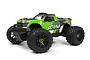 Maverick Atom 1/18 scale RC monster truck in green and black livery, viewed from a front three-quarter angle against a white background.