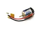 Kyosho Mini-Z X-Speed V brushed motor with attached red and black wires and a yellow capacitor on a white background.
