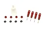 A set of four red anodized aluminium shock absorbers with associated small parts and a bottle of shock oil on a white background.