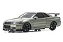Kyosho Mini-Z Nissan Skyline GT-R R34 V.Spec II Nur in Millennium Jade, a detailed 1/27 scale RC drift car model on a white background.