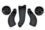 RPM HD Wheelie Bar components including two black plastic wheels and three molded support arms on a white background.