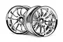 Two chrome-finished RC car rims with a multi-spoke design, angled against a white background.
