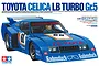 Box art for Tamiya 1/20 Toyota Celica LB Turbo Gr.5 plastic model kit, featuring a blue race car with number 68 and Rodenstock branding.