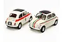 Two 1/24 scale Tamiya Fiat 500F model cars on a white background, one showing the rear with a number 5 decal and the other showing the front with Italian flag stripes.
