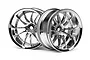 A pair of shiny chrome HPI Work XSA 02C RC car rims with a multi-spoke design against a white background.