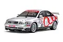 A studio shot of a Tamiya Audi A4 Quattro RC touring car model with silver paint and red Audi racing decals on a white background.