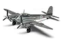 A completed 1/72 scale plastic model kit of a Messerschmitt Me410A-1/U2 fighter aircraft, painted in a grey camouflage scheme with German markings.