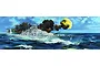 A dramatic painting of the German battleship Bismarck at sea, firing its main guns with large plumes of smoke against a blue sky.