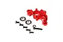 A red anodized aluminium clutch tripod mount kit for RC cars, including two ball bearings, five black screws, and one star washer on a white background.