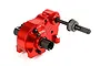 A red anodized aluminium three-stage RC gearbox assembly with black metal drive shafts and hex nuts against a white background.