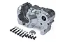 A silver aluminium RC gearbox case set with included screws and washers on a white background.
