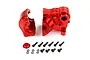 Rovan red anodized aluminium gearbox case set including two main housing pieces, a small cap, and various black screws and washers.