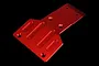 A red anodized aluminium front skid plate for an RC vehicle, featuring machined grooves and countersunk screw holes, isolated on a black background.
