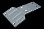 A silver aluminium front skid plate for an RC car, featuring a machined design with countersunk screw holes, set against a plain black background.