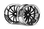 Two HPI Work XSA 02C RC car rims featuring a multi-spoke black center design with a polished chrome outer lip against a white background.