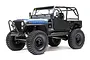 Studio shot of an Axial SCX10 III CJ-7 Jeep RC rock crawler in grey, featuring a roll cage, black wheels, and off-road tires against a white background.