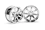Two shiny chrome-plated RC car rims with a multi-spoke design, viewed from front and angled perspectives against a white background.