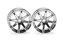Two shiny chrome HPI Racing Work Emotion XC8 RC car rims shown side-by-side against a white background.