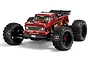 A studio shot of the red ARRMA Outcast 4X4 BLX 4S RC stunt truck, featuring large off-road tires and a detailed truck body.