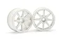 Two white HPI Work Emotion XC8 RC car rims shown from a front and side angle against a white background.