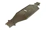 A gunmetal grey aluminium main chassis plate for an RC car, featuring various mounting holes and cutouts, viewed from a high angle on a white background.