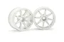 Two white HPI Work Emotion XC8 RC car rims shown from a front and angled perspective against a white background.