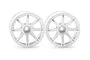 Two white HPI Work Emotion XC8 RC car rims shown from a front-facing angle against a white background.