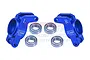 A pair of blue anodized aluminium rear hubs for RC cars, marked L and R, with four metal ball bearings, set against a white background.