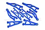 A set of blue anodized aluminium suspension arms for RC cars by GPM Racing, featuring various shapes and sizes with 7075 markings.