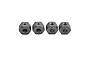 Four dark grey metal 12mm wheel hex adapters for RC vehicles arranged in a row against a white background.