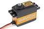 Savox SA-1258TG digital servo with an orange aluminium middle case and black plastic top and bottom sections, shown from a high angle.