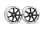 Two HPI Racing 1.9 inch RC car rims with a six-spoke gunmetal grey design and a polished chrome outer lip.