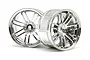 Two chrome-finished RC car rims with a multi-spoke design against a white background.